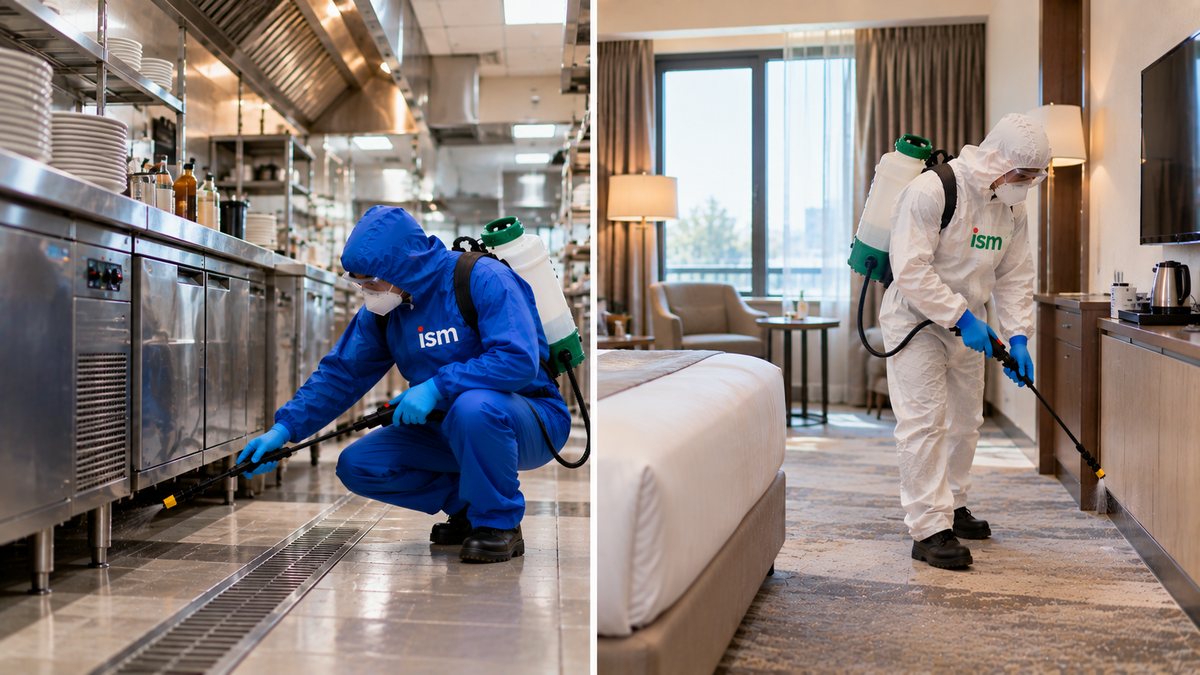 ISM teknisyenleri bir restoran mutfağında ve otel odasında uygulama yapıyor