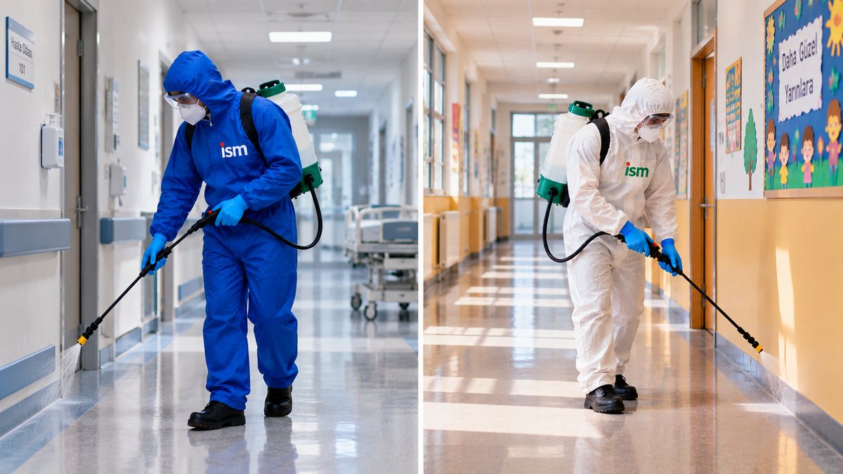ISM teknisyenleri bir hastane ve okul koridorunda uygulama yapıyor