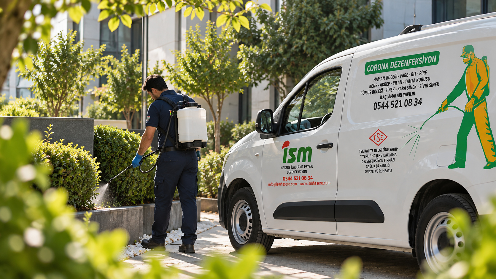 ISM Haşere teknisyeni bahçede sırt pompasıyla ilaçlama yaparken, yanında ISM aracı